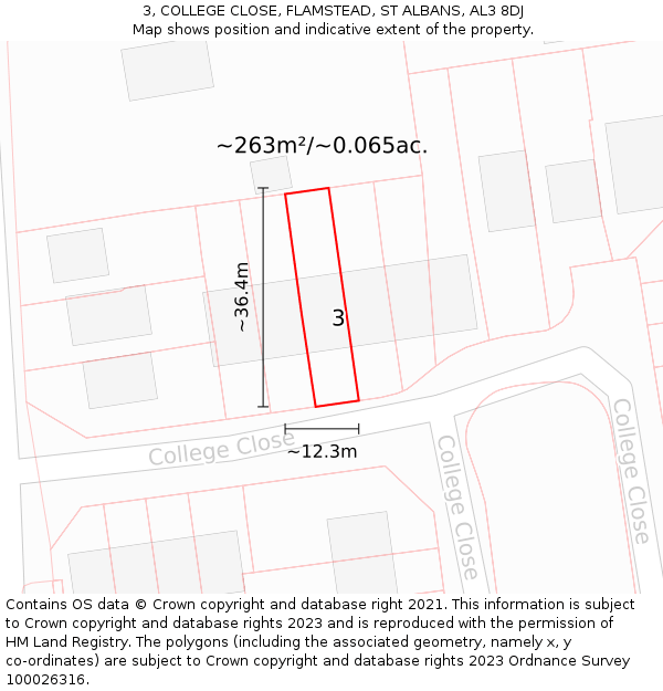 3, COLLEGE CLOSE, FLAMSTEAD, ST ALBANS, AL3 8DJ: Plot and title map