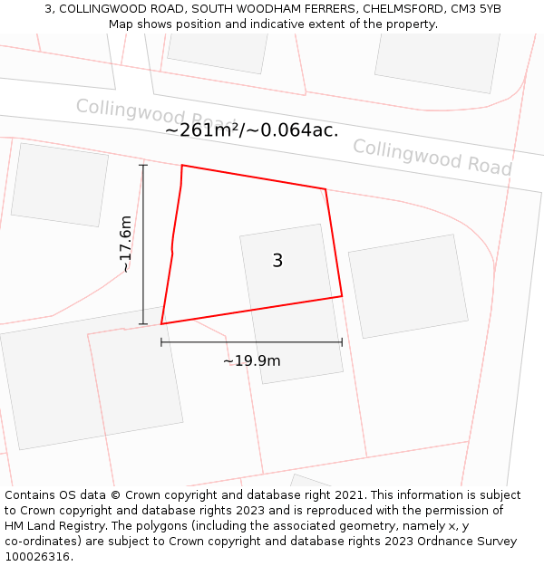 3, COLLINGWOOD ROAD, SOUTH WOODHAM FERRERS, CHELMSFORD, CM3 5YB: Plot and title map