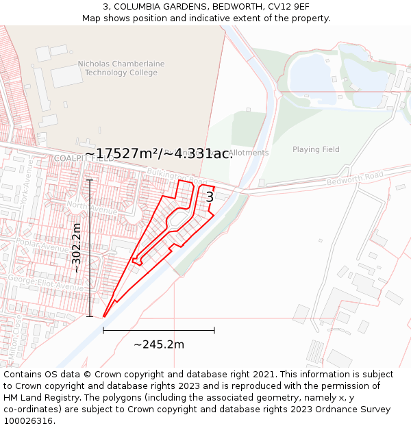 3, COLUMBIA GARDENS, BEDWORTH, CV12 9EF: Plot and title map