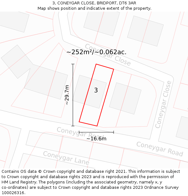 3, CONEYGAR CLOSE, BRIDPORT, DT6 3AR: Plot and title map