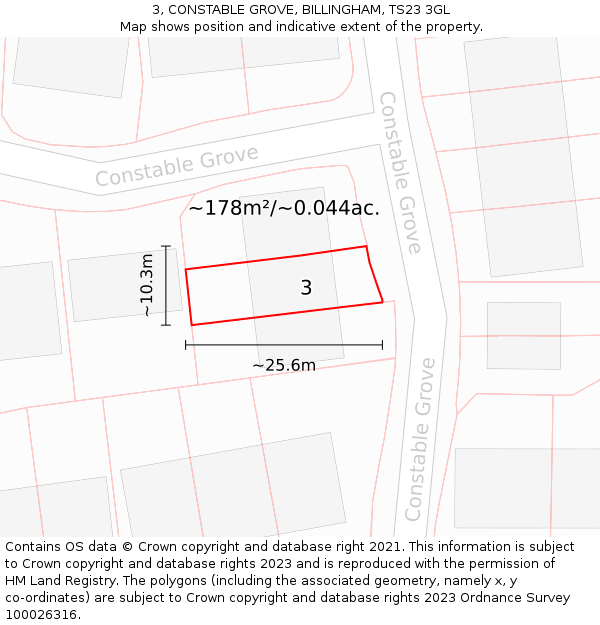 3, CONSTABLE GROVE, BILLINGHAM, TS23 3GL: Plot and title map