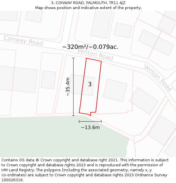 3, CONWAY ROAD, FALMOUTH, TR11 4JZ: Plot and title map