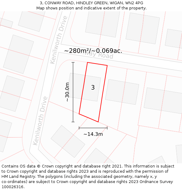 3, CONWAY ROAD, HINDLEY GREEN, WIGAN, WN2 4PG: Plot and title map