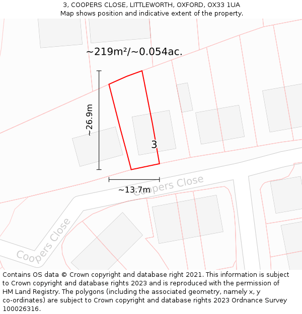 3, COOPERS CLOSE, LITTLEWORTH, OXFORD, OX33 1UA: Plot and title map