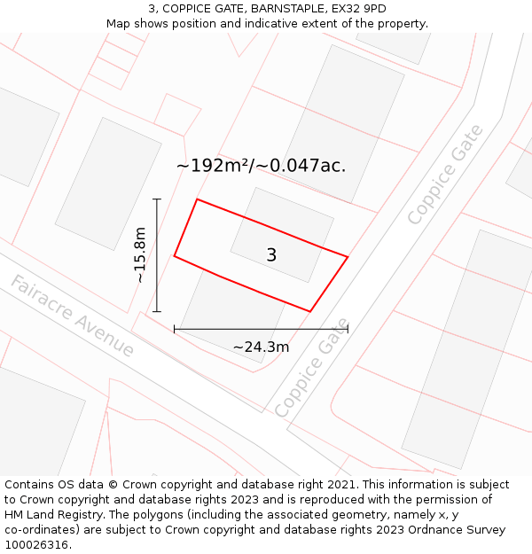 3, COPPICE GATE, BARNSTAPLE, EX32 9PD: Plot and title map