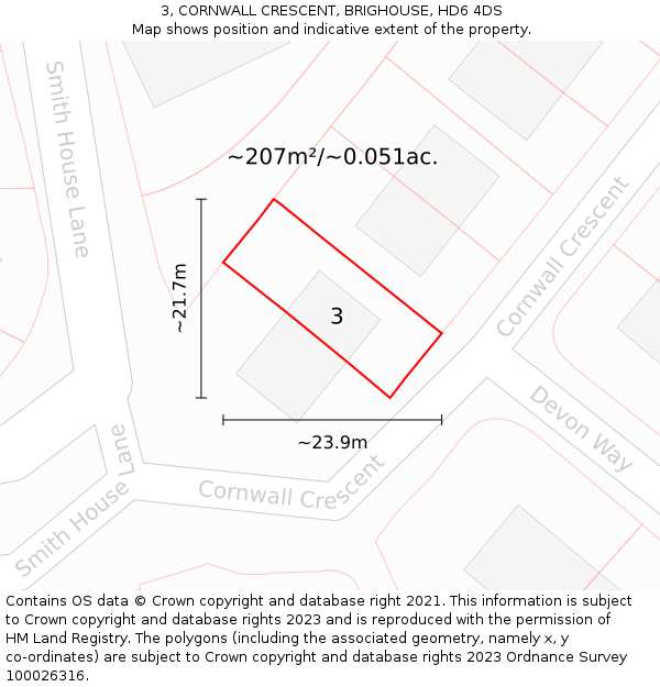 3, CORNWALL CRESCENT, BRIGHOUSE, HD6 4DS: Plot and title map