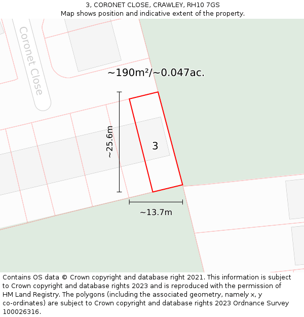 3, CORONET CLOSE, CRAWLEY, RH10 7GS: Plot and title map