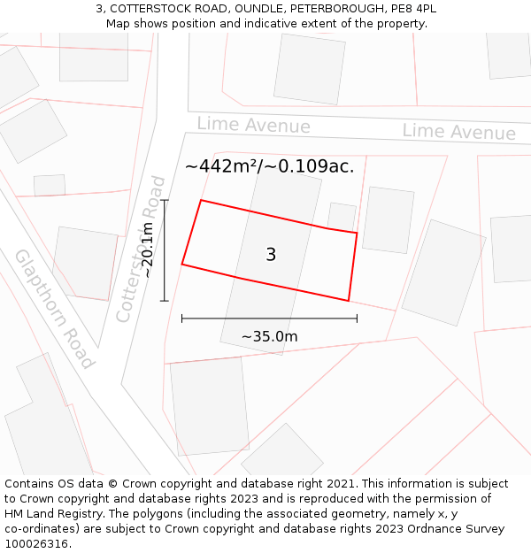 3, COTTERSTOCK ROAD, OUNDLE, PETERBOROUGH, PE8 4PL: Plot and title map