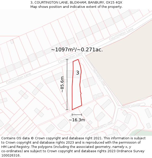 3, COURTINGTON LANE, BLOXHAM, BANBURY, OX15 4QX: Plot and title map