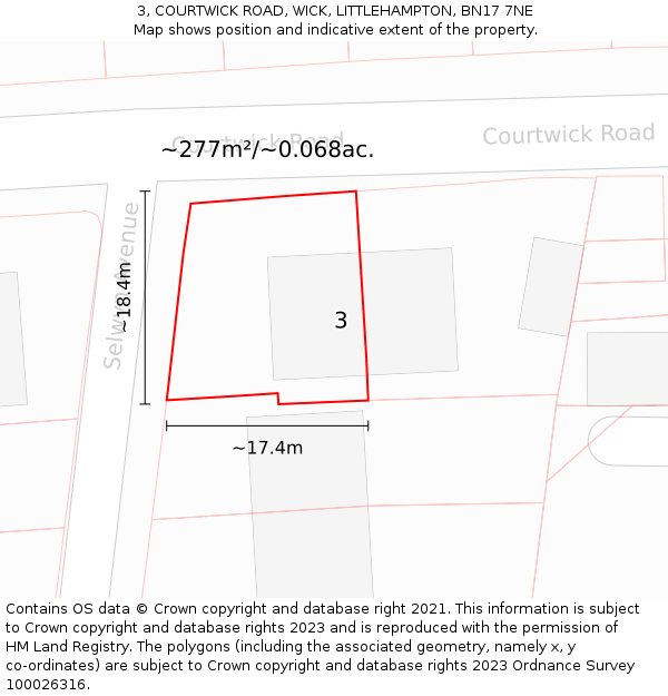 3, COURTWICK ROAD, WICK, LITTLEHAMPTON, BN17 7NE: Plot and title map