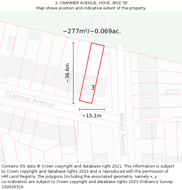 3, CRANMER AVENUE, HOVE, BN3 7JP: Plot and title map