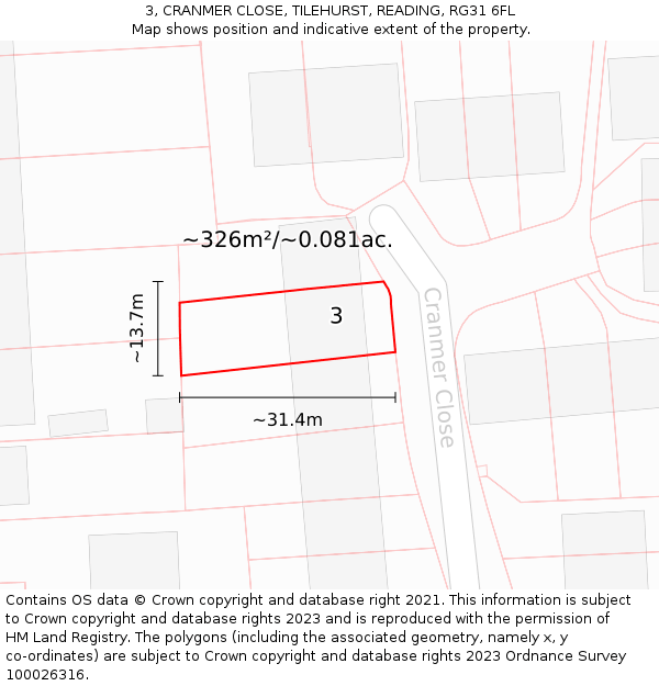 3, CRANMER CLOSE, TILEHURST, READING, RG31 6FL: Plot and title map