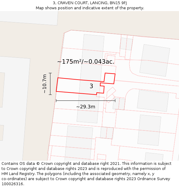 3, CRAVEN COURT, LANCING, BN15 9FJ: Plot and title map