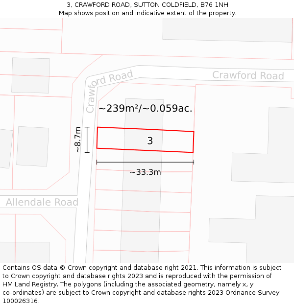 3, CRAWFORD ROAD, SUTTON COLDFIELD, B76 1NH: Plot and title map