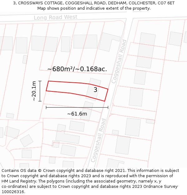 3, CROSSWAYS COTTAGE, COGGESHALL ROAD, DEDHAM, COLCHESTER, CO7 6ET: Plot and title map