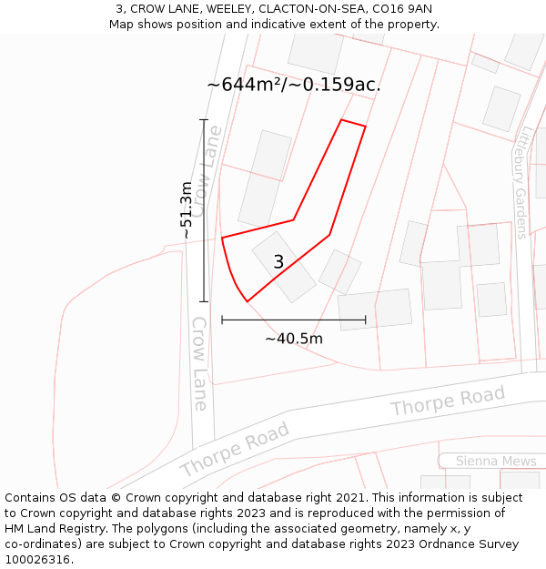 3, CROW LANE, WEELEY, CLACTON-ON-SEA, CO16 9AN: Plot and title map