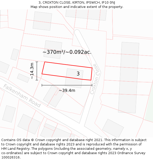 3, CROXTON CLOSE, KIRTON, IPSWICH, IP10 0NJ: Plot and title map