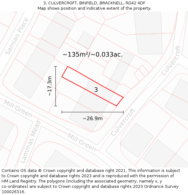 3, CULVERCROFT, BINFIELD, BRACKNELL, RG42 4DF: Plot and title map