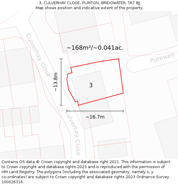 3, CULVERHAY CLOSE, PURITON, BRIDGWATER, TA7 8JJ: Plot and title map