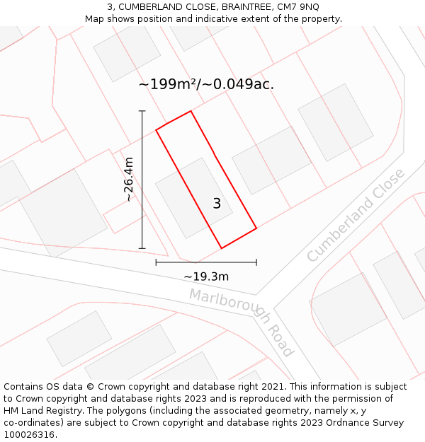 3, CUMBERLAND CLOSE, BRAINTREE, CM7 9NQ: Plot and title map