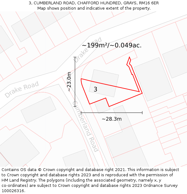 3, CUMBERLAND ROAD, CHAFFORD HUNDRED, GRAYS, RM16 6ER: Plot and title map