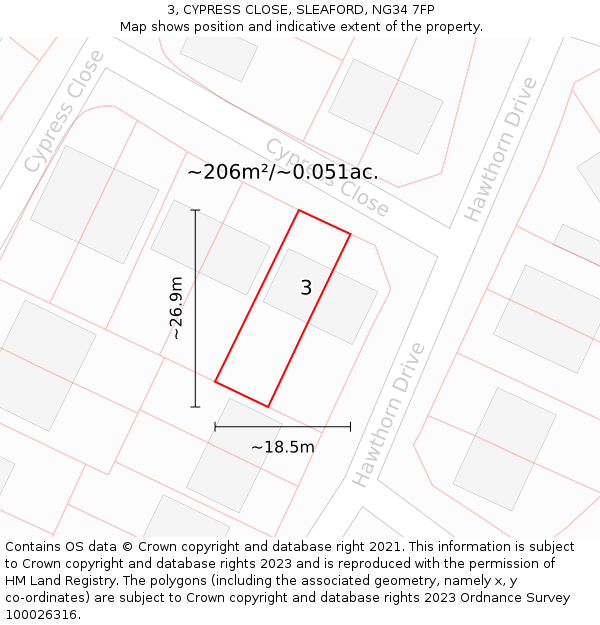 3, CYPRESS CLOSE, SLEAFORD, NG34 7FP: Plot and title map