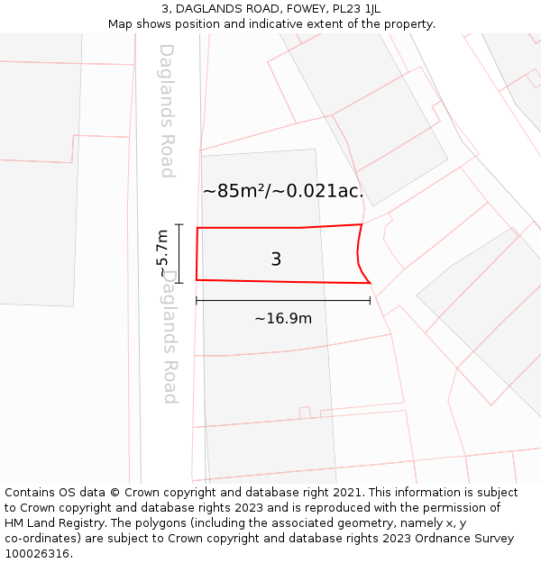 3, DAGLANDS ROAD, FOWEY, PL23 1JL: Plot and title map