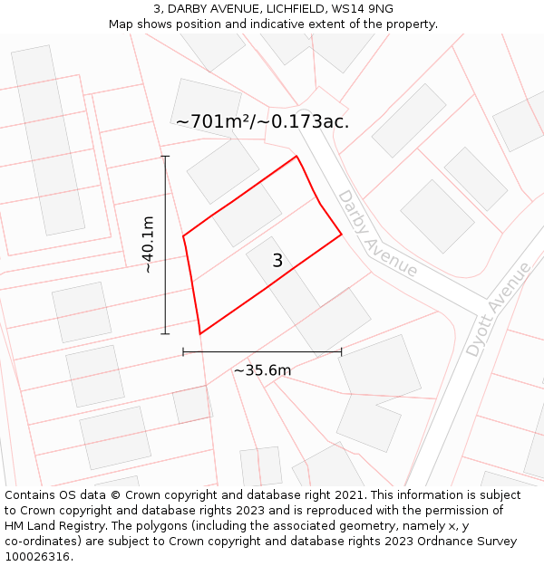 3, DARBY AVENUE, LICHFIELD, WS14 9NG: Plot and title map