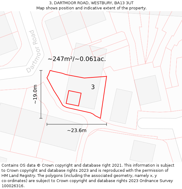 3, DARTMOOR ROAD, WESTBURY, BA13 3UT: Plot and title map