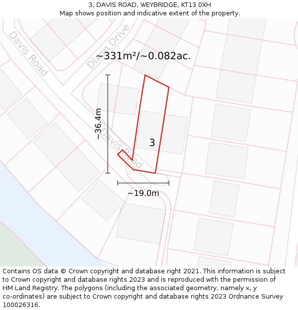 3, DAVIS ROAD, WEYBRIDGE, KT13 0XH: Plot and title map