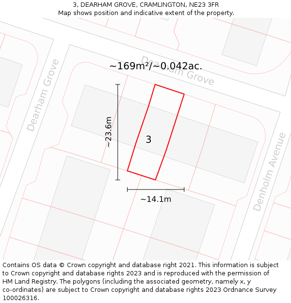 3, DEARHAM GROVE, CRAMLINGTON, NE23 3FR: Plot and title map