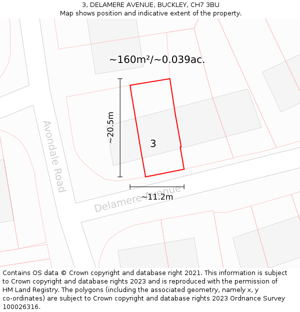 3, DELAMERE AVENUE, BUCKLEY, CH7 3BU: Plot and title map