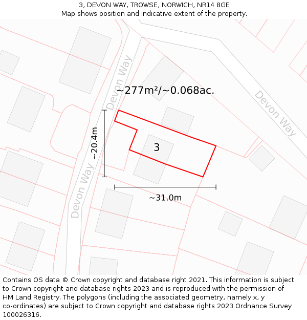 3, DEVON WAY, TROWSE, NORWICH, NR14 8GE: Plot and title map