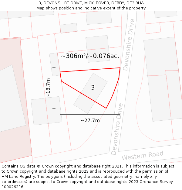 3, DEVONSHIRE DRIVE, MICKLEOVER, DERBY, DE3 9HA: Plot and title map