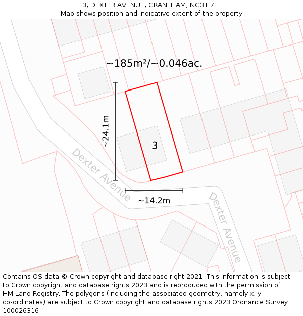 3, DEXTER AVENUE, GRANTHAM, NG31 7EL: Plot and title map