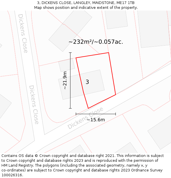 3, DICKENS CLOSE, LANGLEY, MAIDSTONE, ME17 1TB: Plot and title map