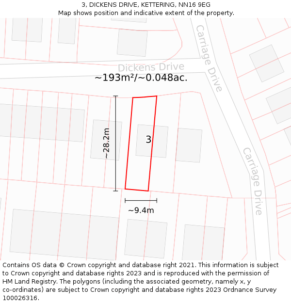 3, DICKENS DRIVE, KETTERING, NN16 9EG: Plot and title map