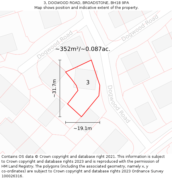 3, DOGWOOD ROAD, BROADSTONE, BH18 9PA: Plot and title map