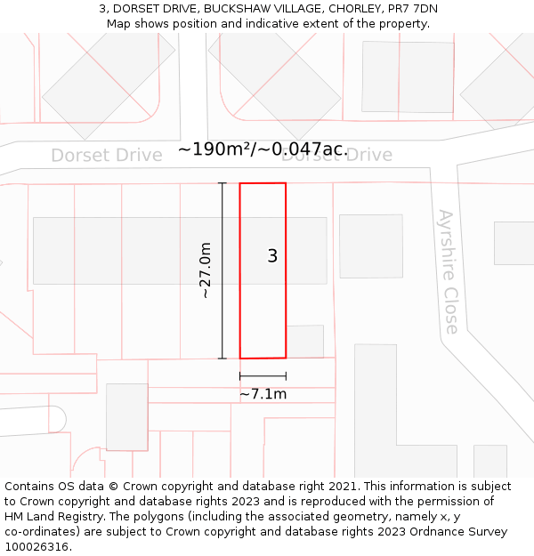 3, DORSET DRIVE, BUCKSHAW VILLAGE, CHORLEY, PR7 7DN: Plot and title map