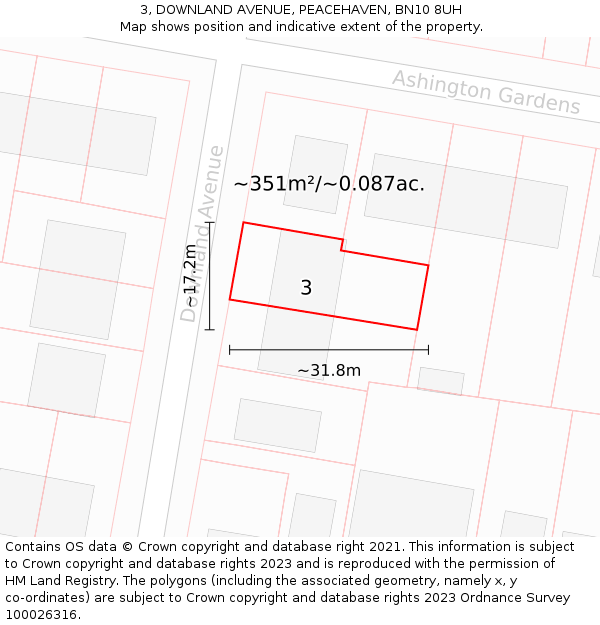 3, DOWNLAND AVENUE, PEACEHAVEN, BN10 8UH: Plot and title map