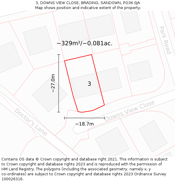 3, DOWNS VIEW CLOSE, BRADING, SANDOWN, PO36 0JA: Plot and title map