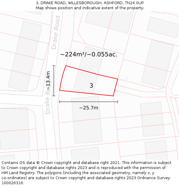 3, DRAKE ROAD, WILLESBOROUGH, ASHFORD, TN24 0UP: Plot and title map