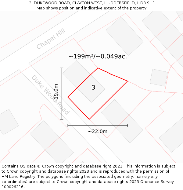 3, DUKEWOOD ROAD, CLAYTON WEST, HUDDERSFIELD, HD8 9HF: Plot and title map