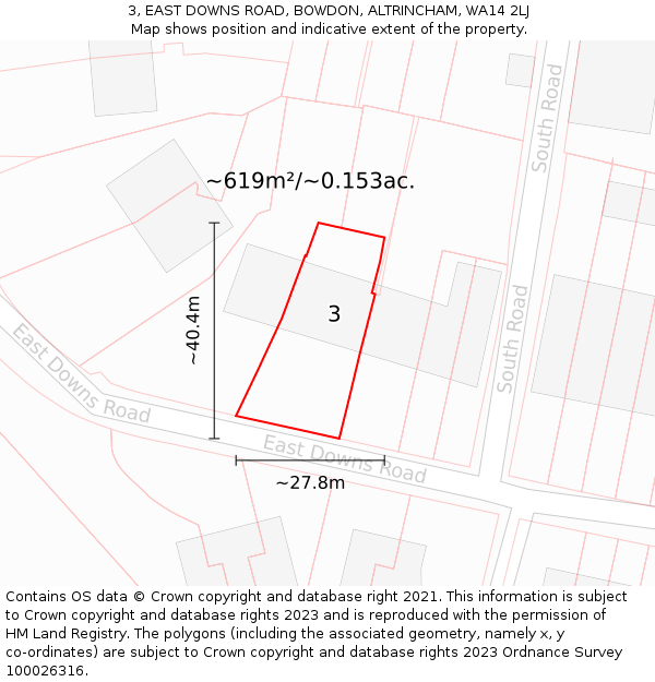 3, EAST DOWNS ROAD, BOWDON, ALTRINCHAM, WA14 2LJ: Plot and title map