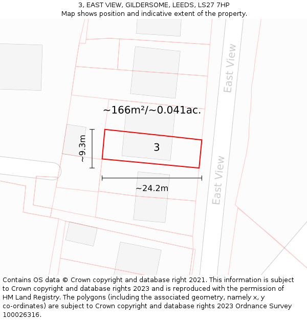 3, EAST VIEW, GILDERSOME, LEEDS, LS27 7HP: Plot and title map