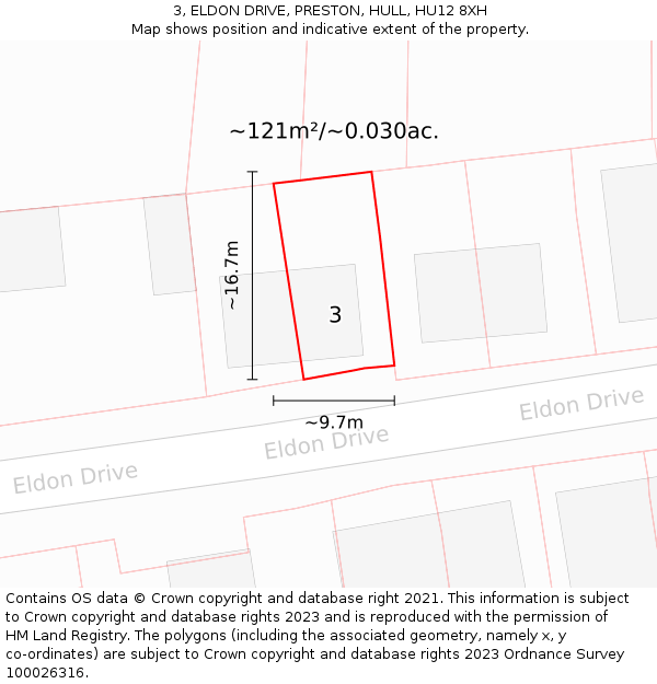 3, ELDON DRIVE, PRESTON, HULL, HU12 8XH: Plot and title map