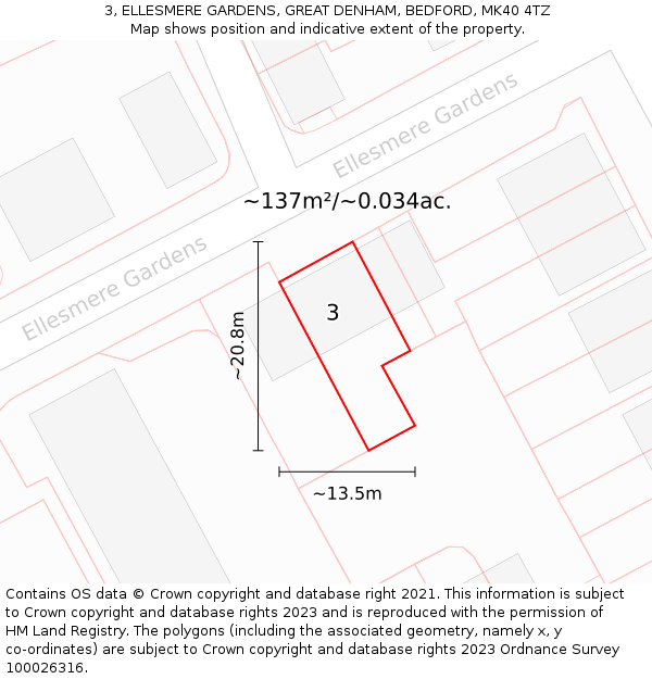 3, ELLESMERE GARDENS, GREAT DENHAM, BEDFORD, MK40 4TZ: Plot and title map