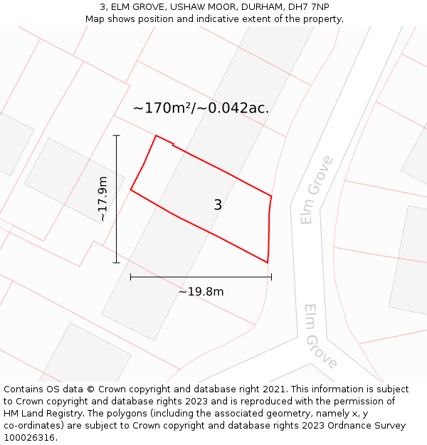 3, ELM GROVE, USHAW MOOR, DURHAM, DH7 7NP: Plot and title map