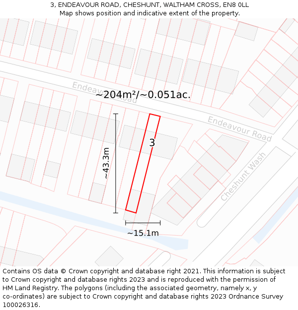 3, ENDEAVOUR ROAD, CHESHUNT, WALTHAM CROSS, EN8 0LL: Plot and title map