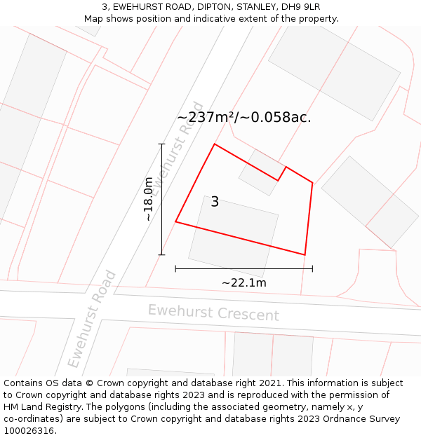 3, EWEHURST ROAD, DIPTON, STANLEY, DH9 9LR: Plot and title map